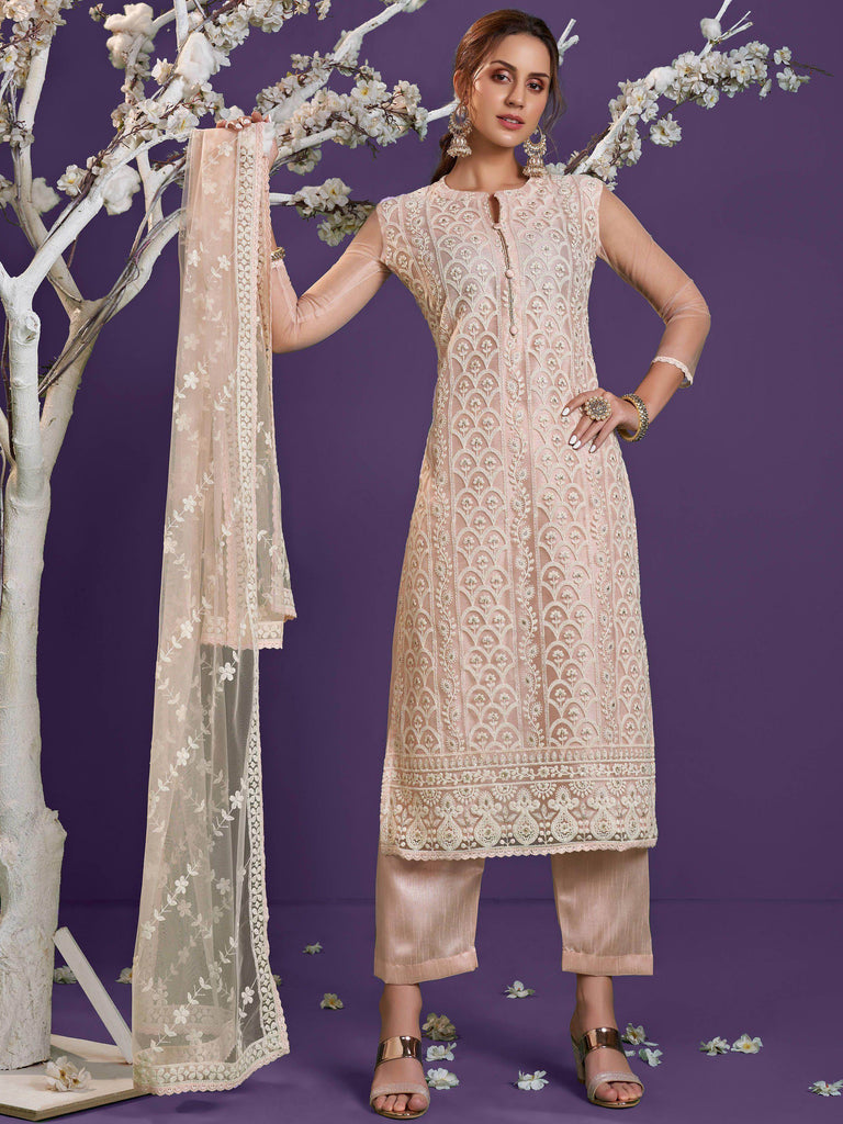 Peach Lucknowi Work Net Party Wear Straight Salwar Suit