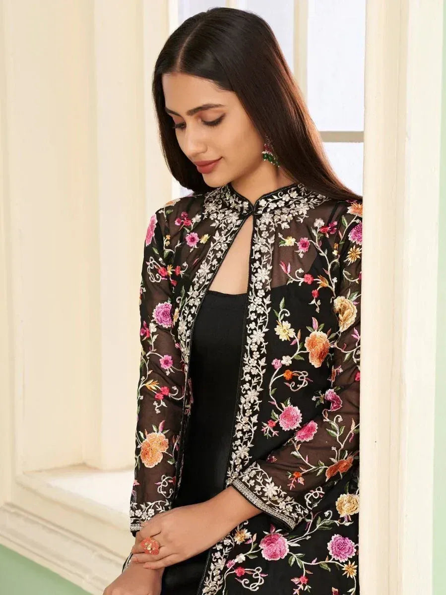 Black floral embroidered ethnic jacket with sheer overlay, perfect for Indian wear