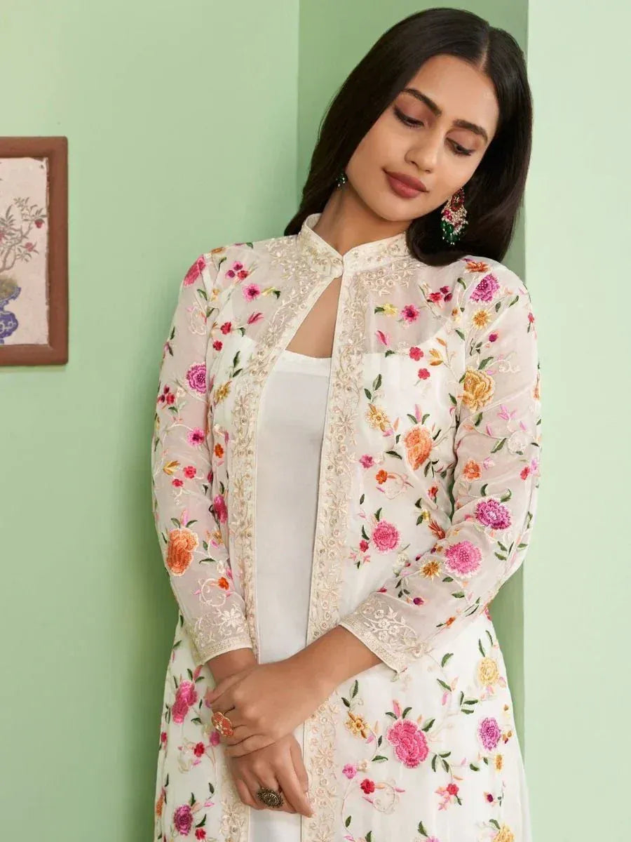 Floral embroidered kurta with sheer overlay, perfect for Indian ethnic wear occasions
