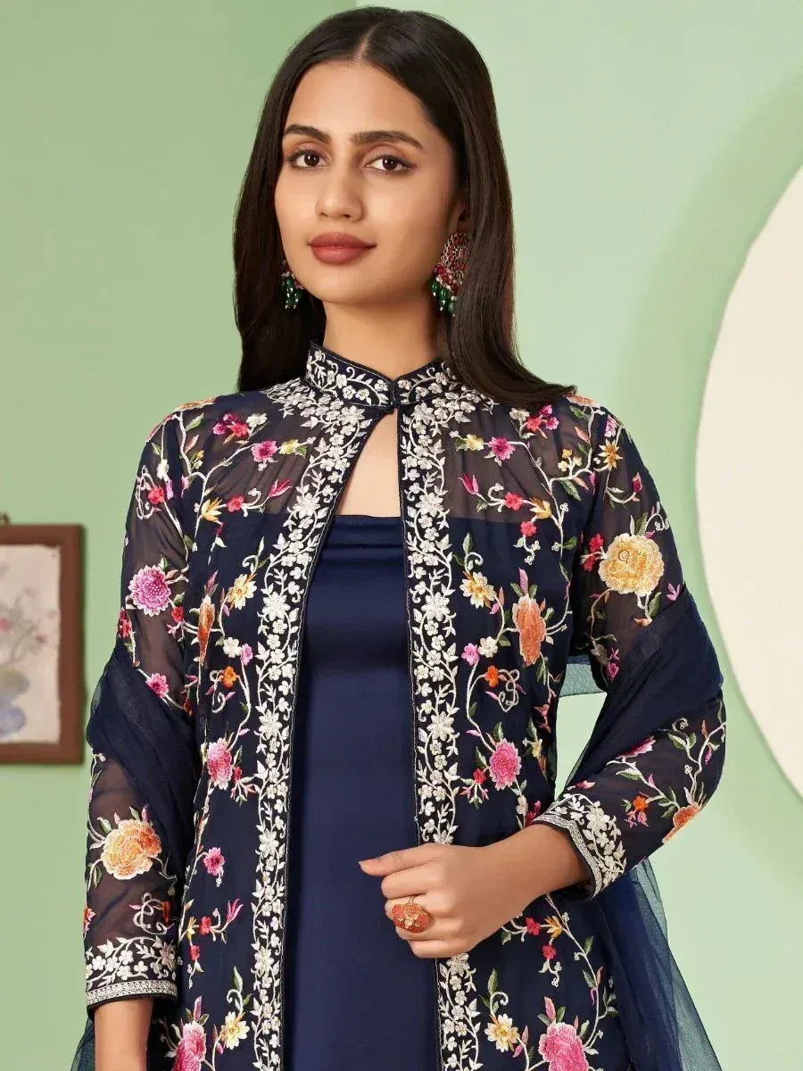 Navy blue floral embroidered ethnic gown with sheer overlay, perfect for Indian occasions