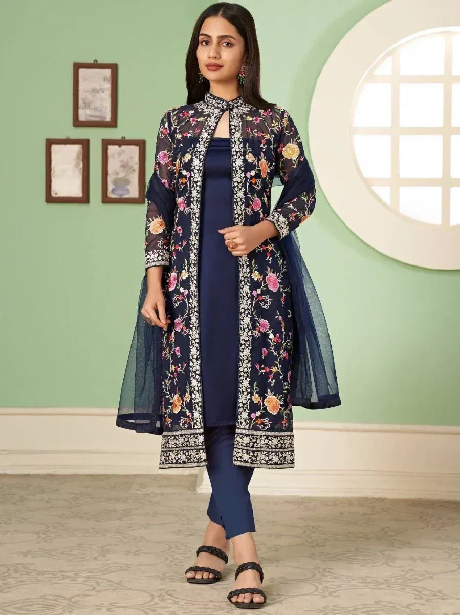 Navy blue floral embroidered kurta with sheer overlay, paired with matching pants for ethnic wear