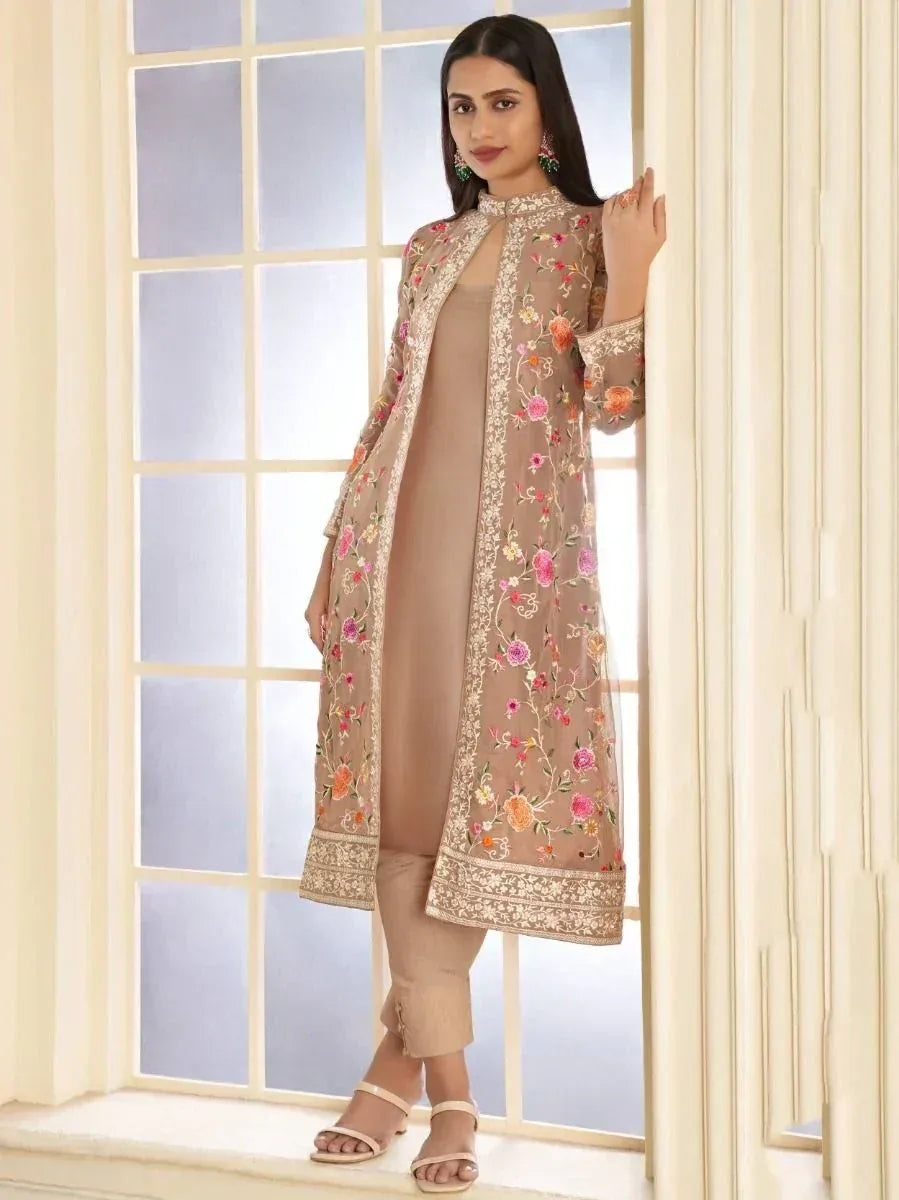 Floral embroidered ethnic kurta set with sheer jacket, perfect for Indian occasions and festive wear