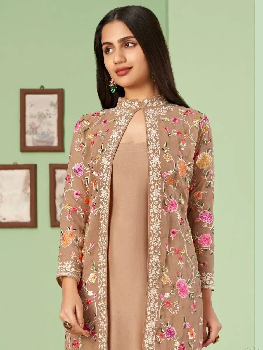 Floral embroidered beige ethnic kurta with sheer overlay, perfect for Indian occasions and festive wear.