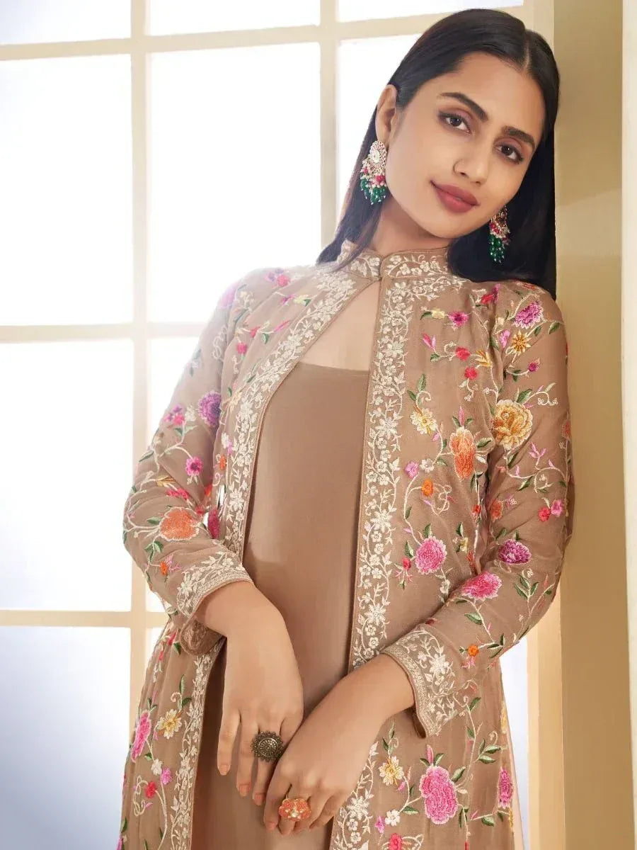 Floral embroidered ethnic gown with sheer overlay, perfect for Indian occasions and festive wear