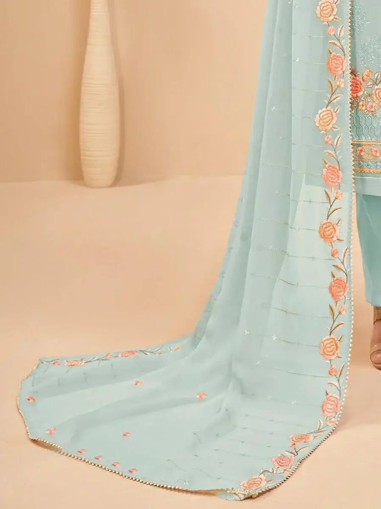 Delightful Sky Blue Floral Georgette Function Wear Palazzo Suit