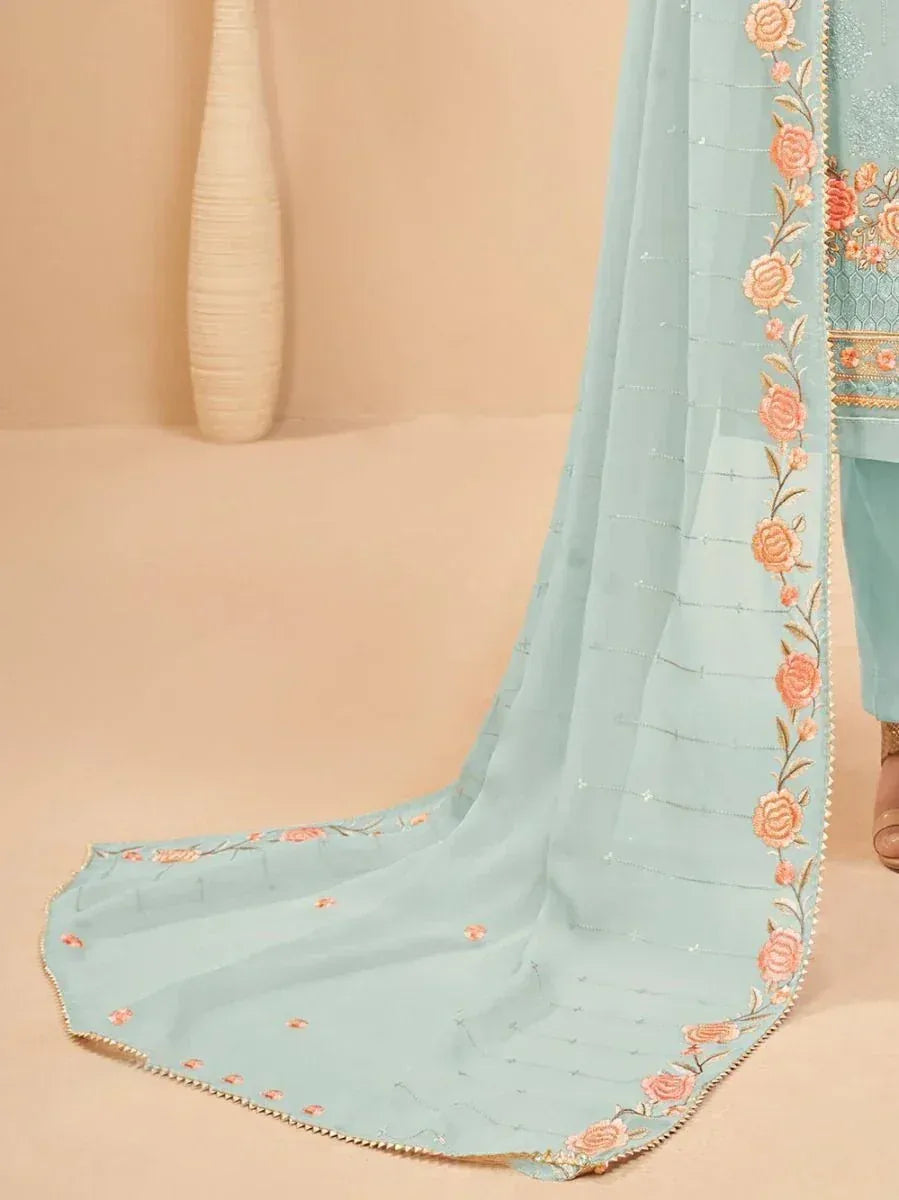 Light blue embroidered dupatta with floral border, perfect for Indian ethnic wear outfits