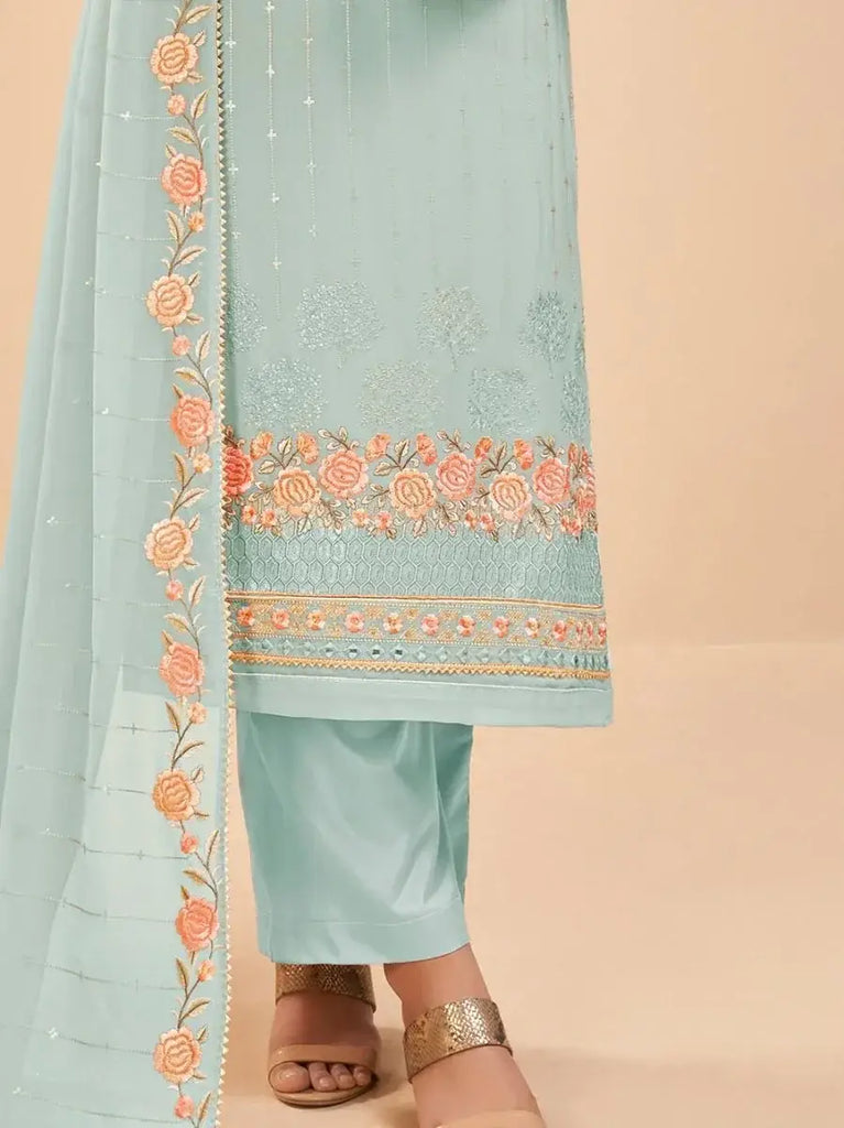 Delightful Sky Blue Floral Georgette Function Wear Palazzo Suit