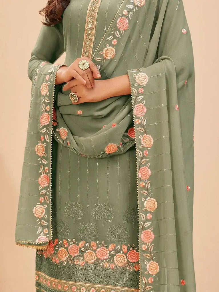 Amazing Olive Green Floral Georgette Palazzo Suit With Dupatta