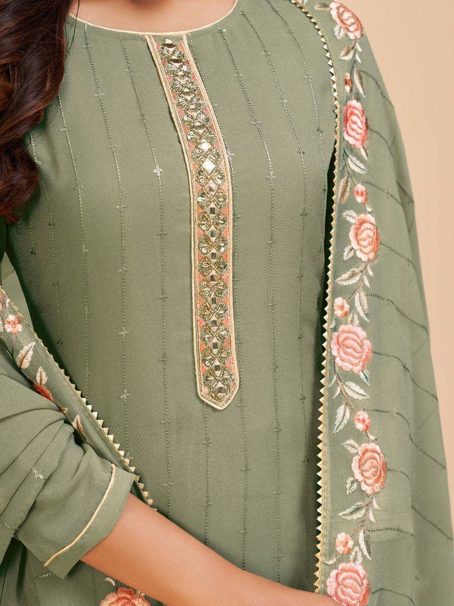 Olive green salwar kameez with mirror work and floral embroidery on dupatta