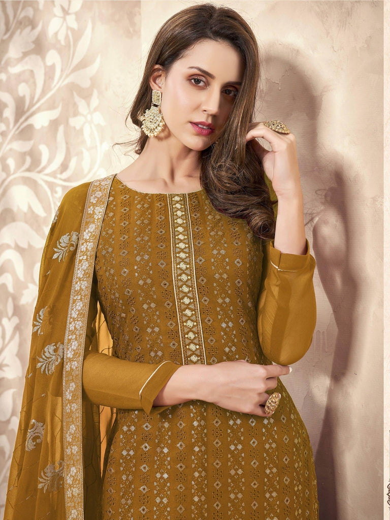 Mustard Yellow Sequins Georgette Festival Wear Salwar Kameez