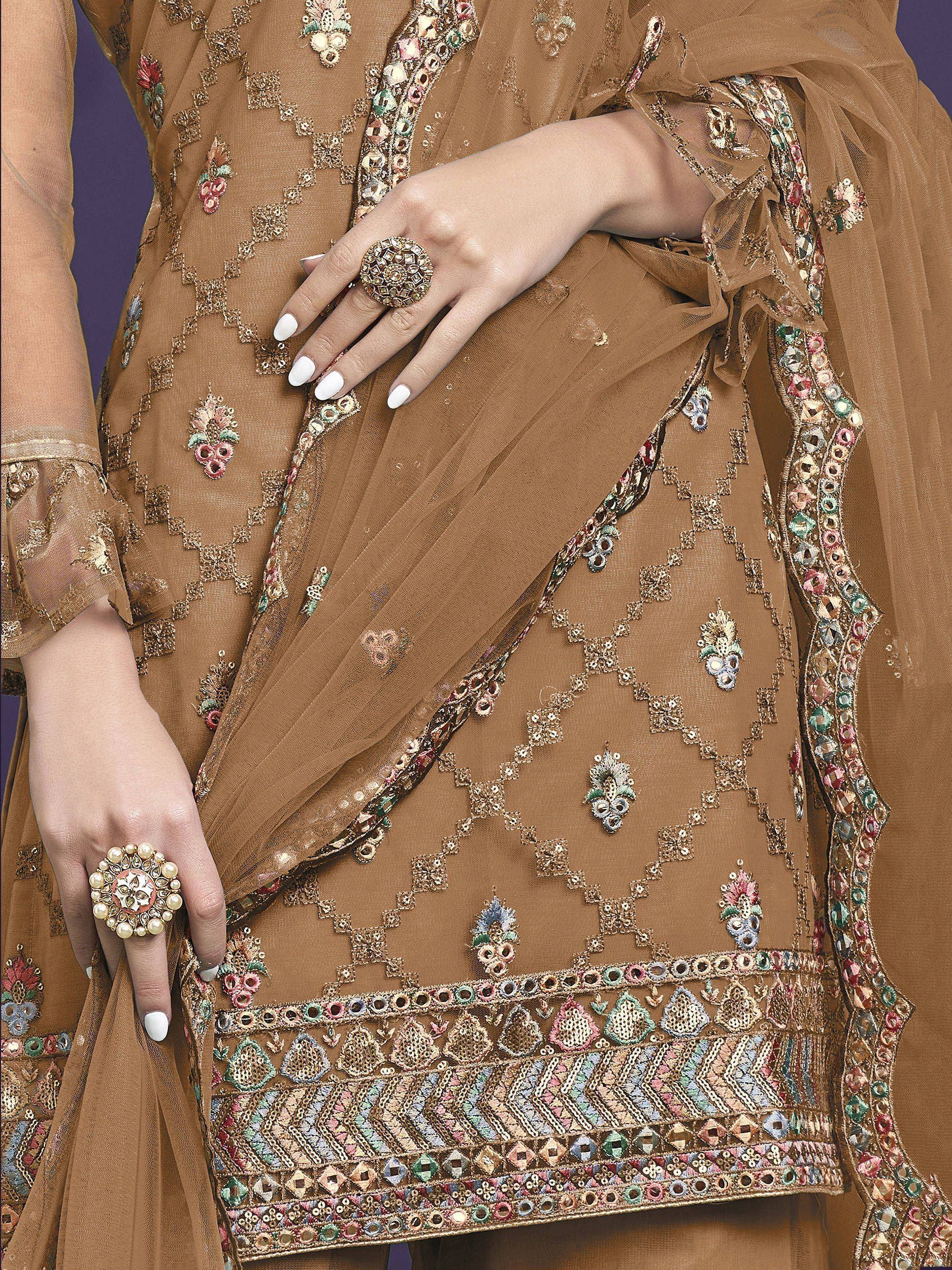 Elegant brown ethnic gown with intricate floral embroidery and mirror work, perfect for festive occasions.