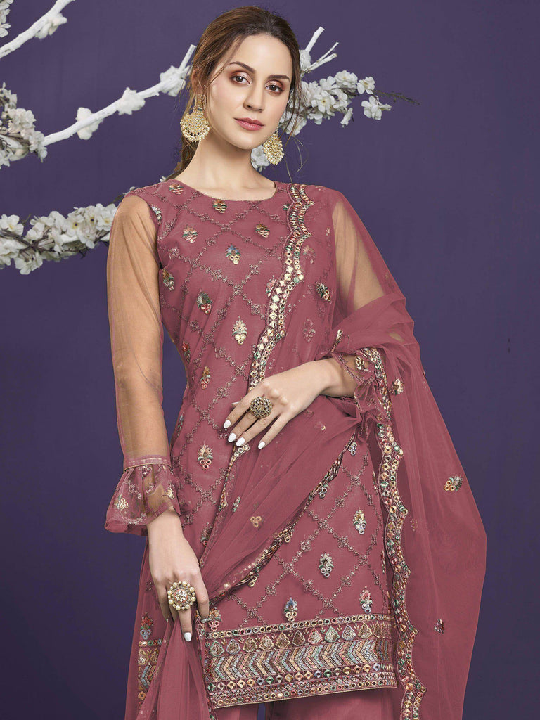 Punch Pink Butterfly Net Wedding Wear Sharara Suit