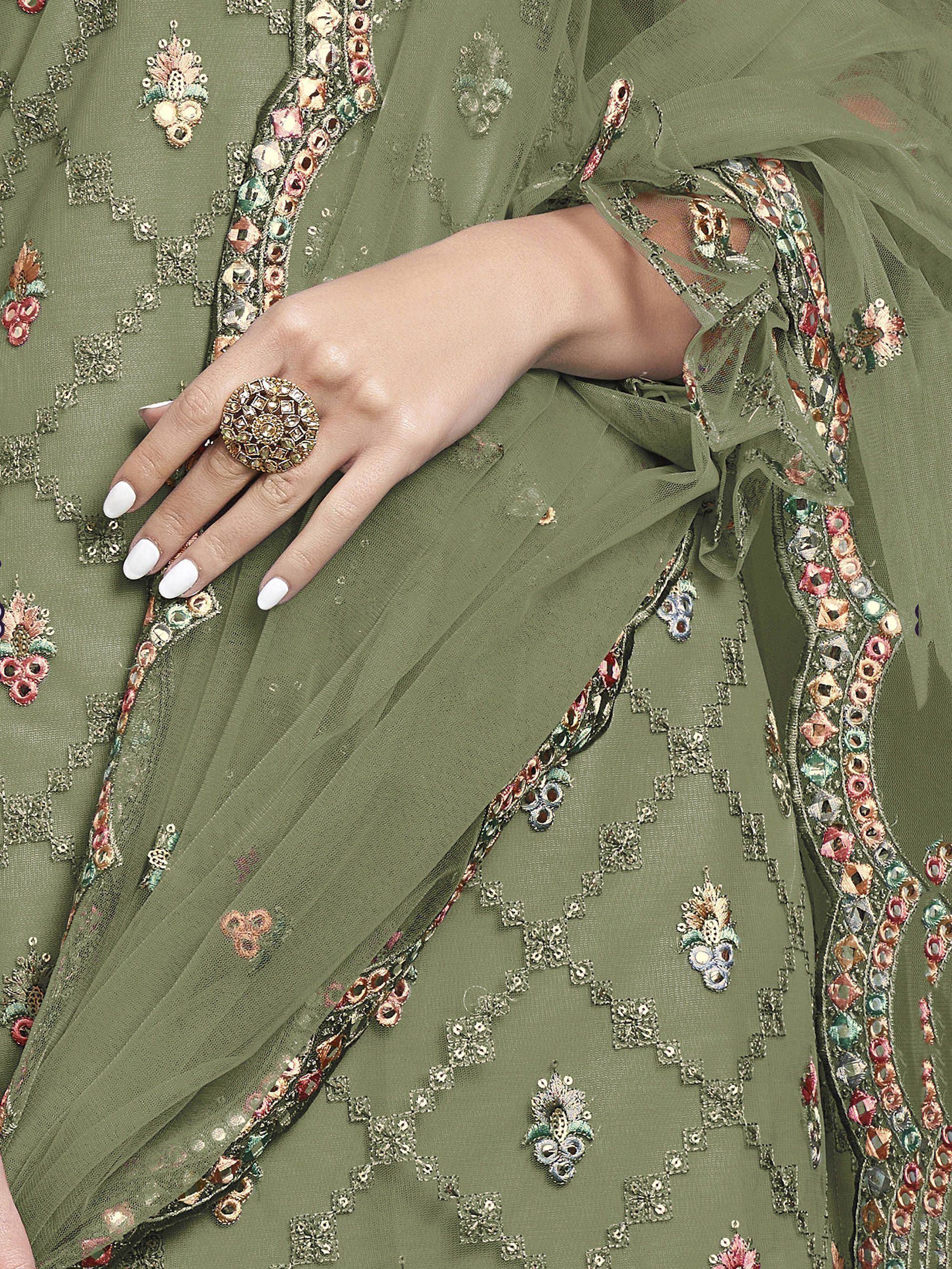 Olive green ethnic gown with mirror work, floral embroidery, and sheer sleeves for Indian occasions