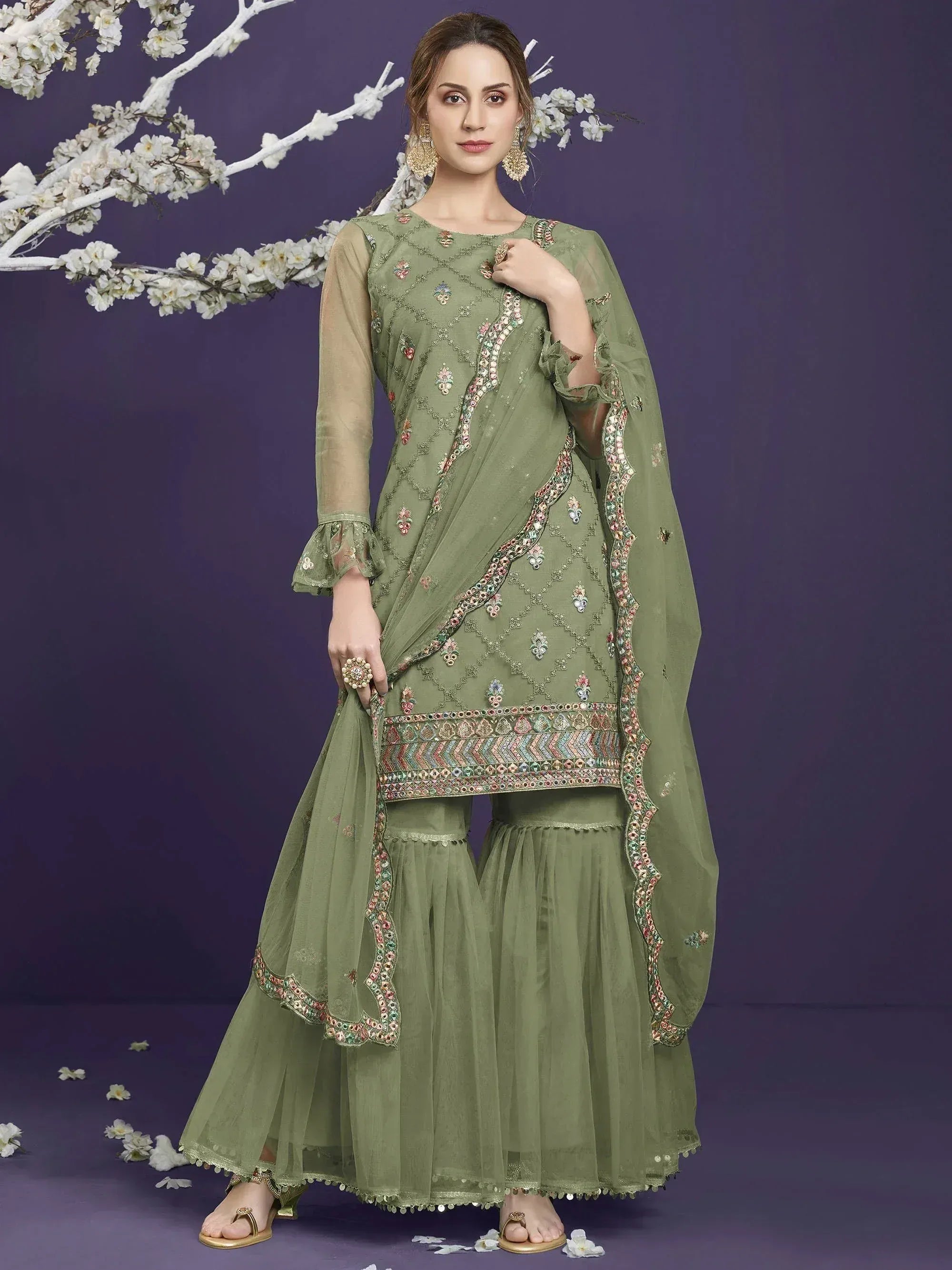 Olive green embroidered sharara suit with floral embellishments and sheer dupatta for Indian ethnic wear