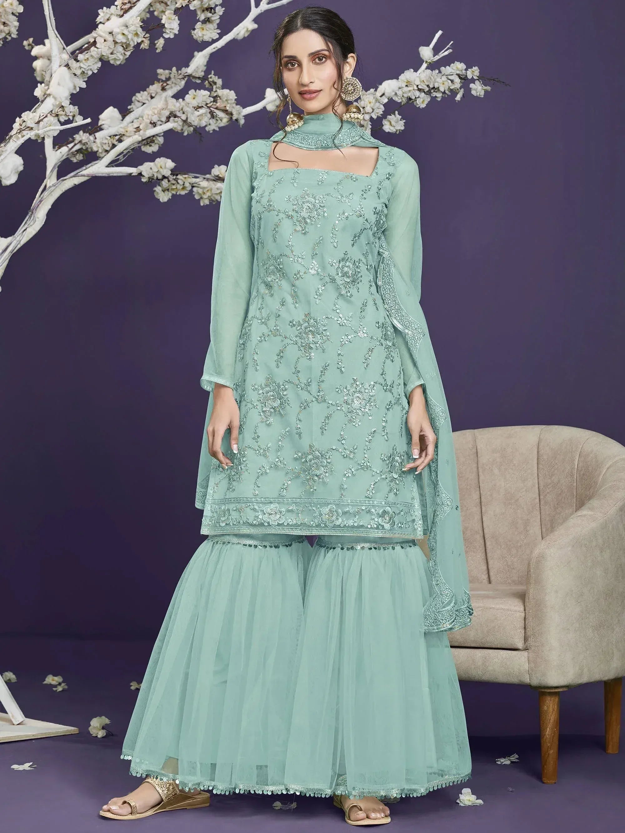 Mint green embroidered ethnic suit with tulle skirt, perfect for festive occasions and weddings