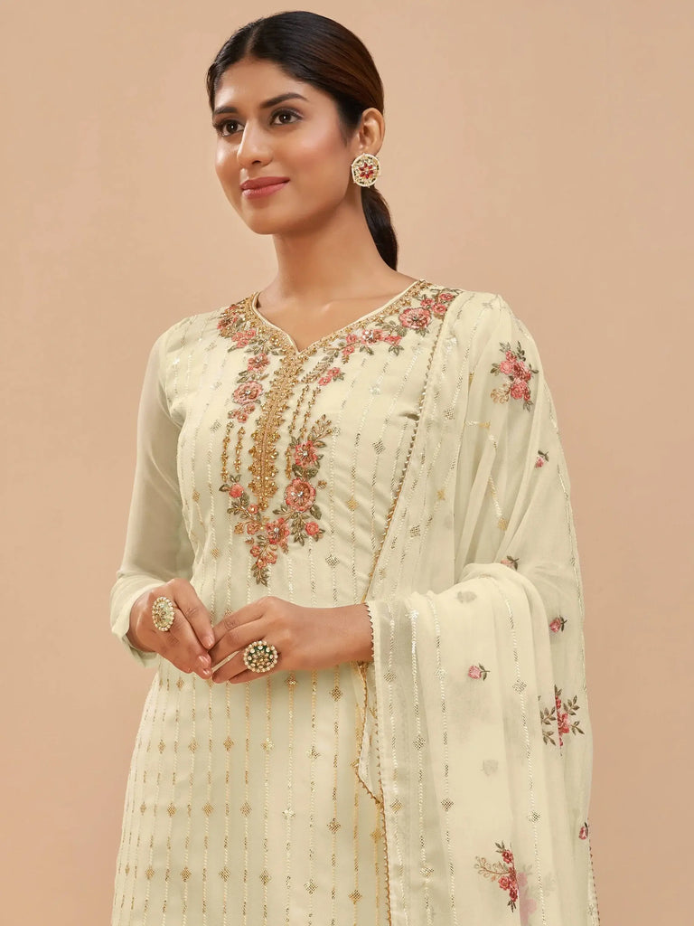 Alluring Light Yellow Hand Work Georgette Festive Wear Salwar Kameez