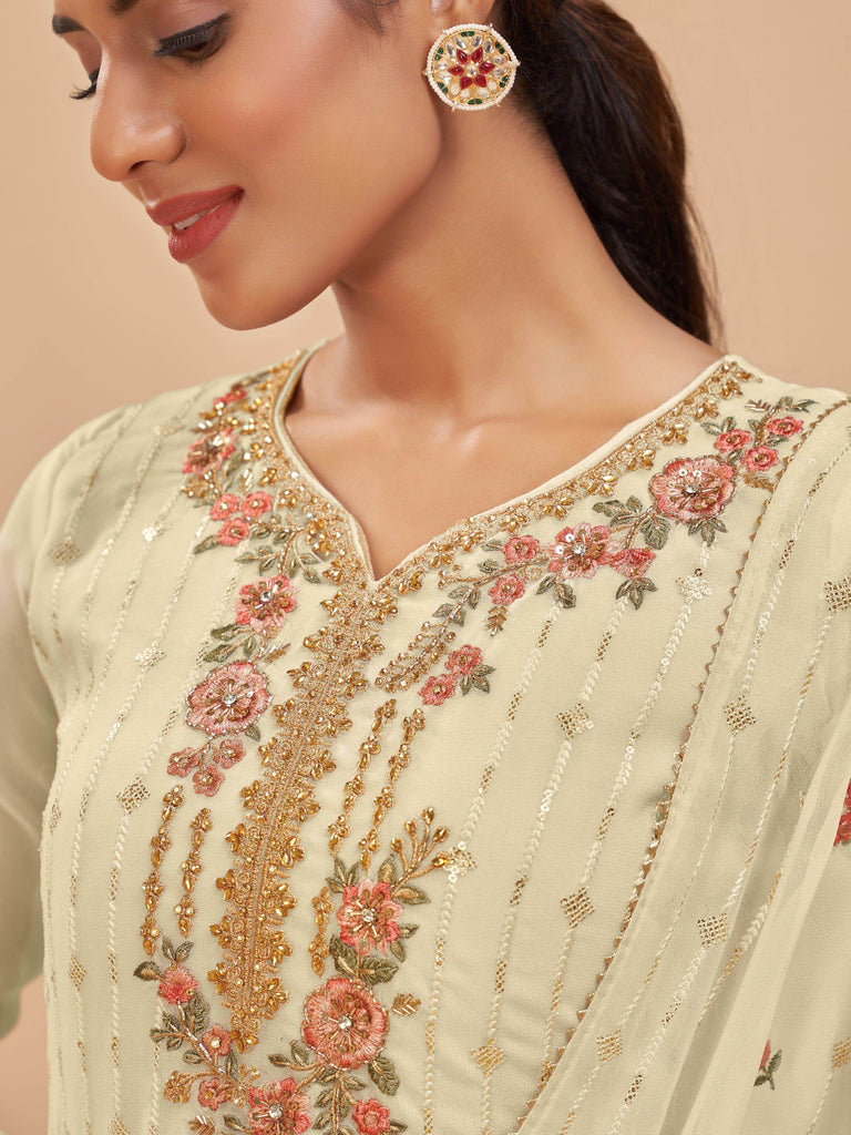 Alluring Light Yellow Hand Work Georgette Festive Wear Salwar Kameez