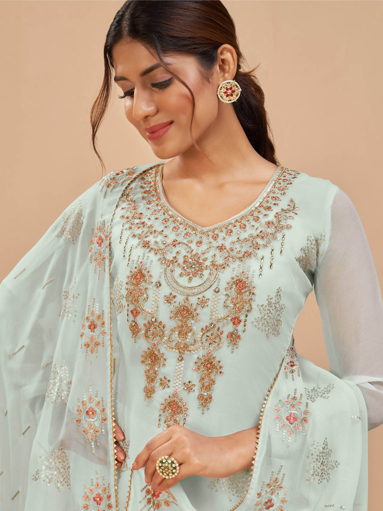 Magnificent Sky Blue Hand Work Georgette Festive Wear Salwar Kameez