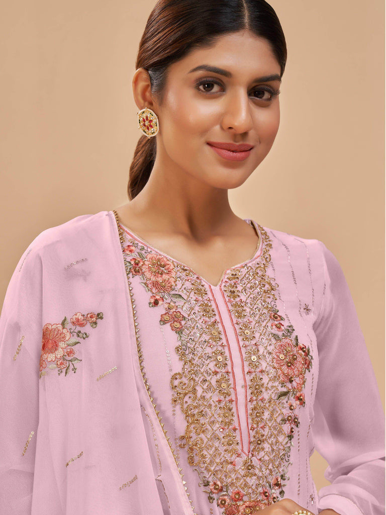 Superb Light Pink Sequins Georgette Festive Wear Salwar Kameez