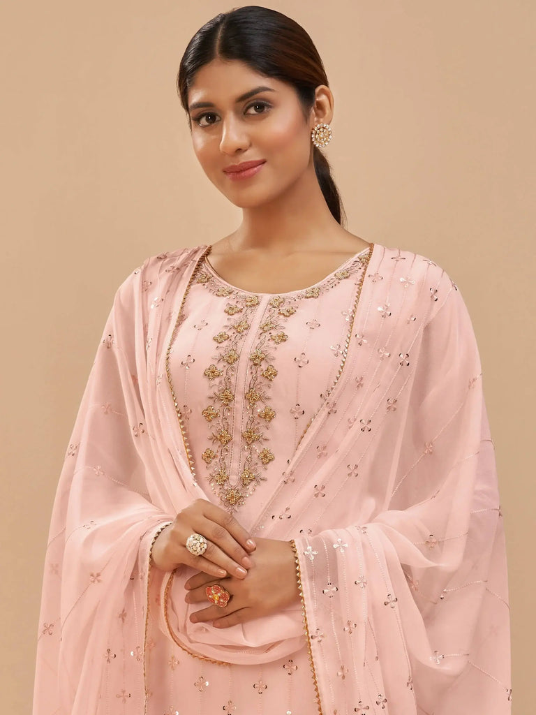 Stunning Peach Pearl Work Georgette Festive Wear Salwar Kameez