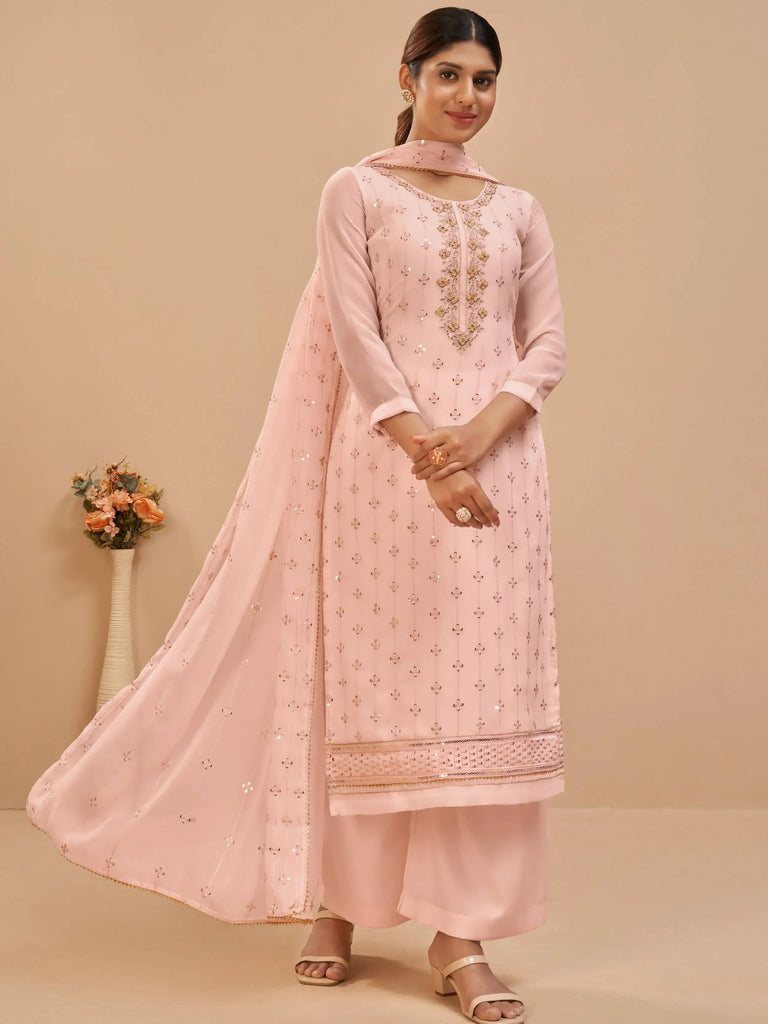 Stunning Peach Pearl Work Georgette Festive Wear Salwar Kameez