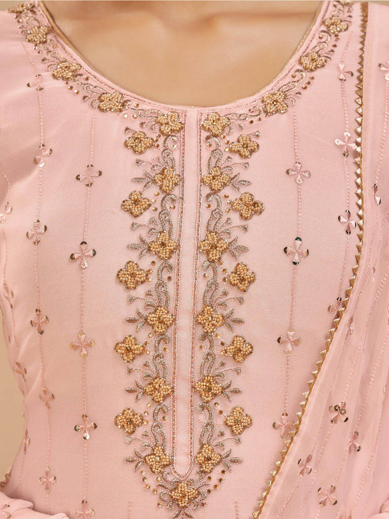 Stunning Peach Pearl Work Georgette Festive Wear Salwar Kameez