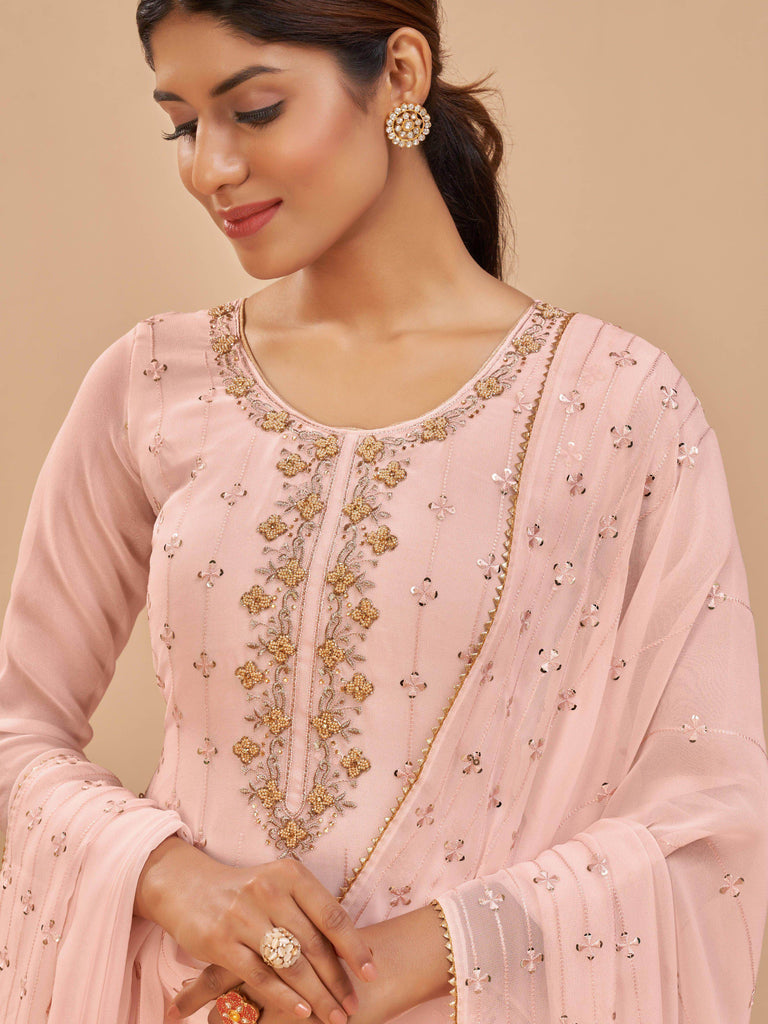 Stunning Peach Pearl Work Georgette Festive Wear Salwar Kameez