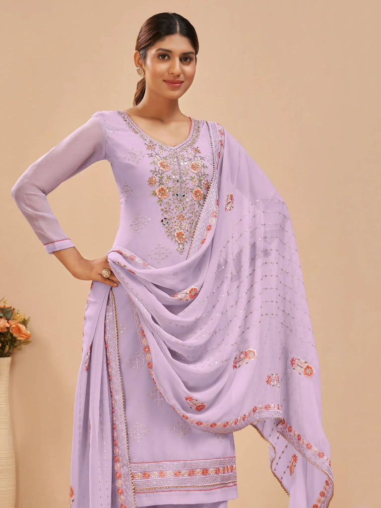 Gorgeous Lavender Floral Work Georgette Festive Wear Salwar Kameez