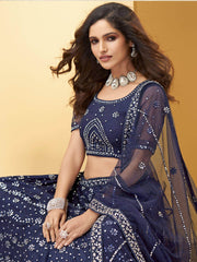 Blue Mirror Work Net Wedding Wear Lehenga Choli