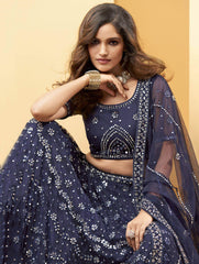 Blue Mirror Work Net Wedding Wear Lehenga Choli