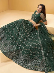 Green Mirror Work Net Wedding Wear Lehenga Choli