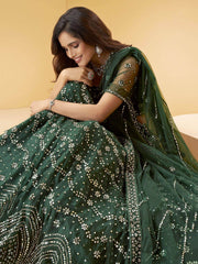 Green Mirror Work Net Wedding Wear Lehenga Choli