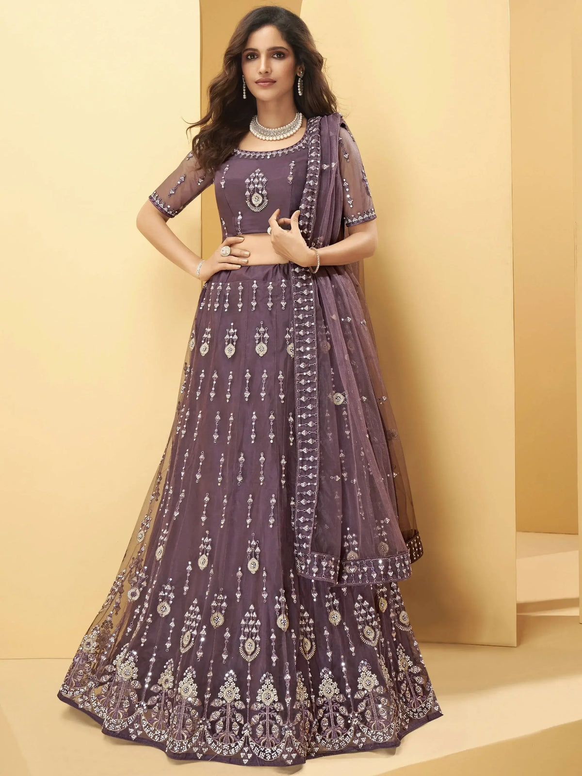 Dusty Purple Mirror Work Net Wedding Wear Lehenga Choli
