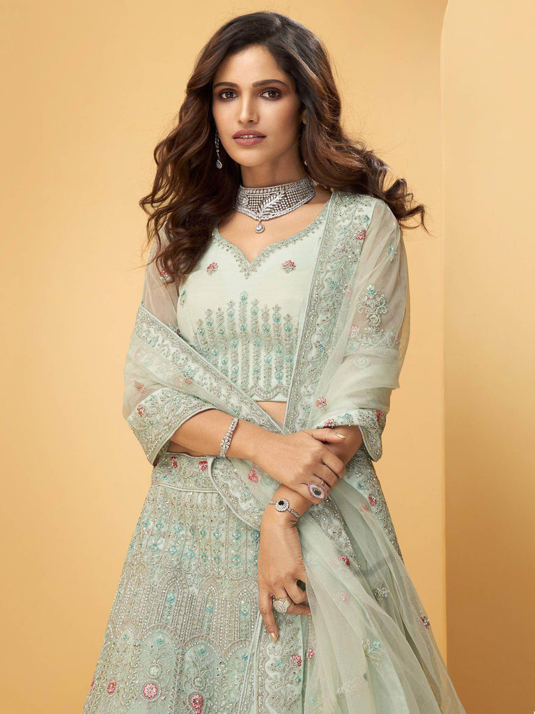 Pastel Green Hand Worked Net Bridal Wear Lehenga Choli