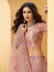 Rose Pink Hand Worked Net Bridal Wear Lehenga Choli