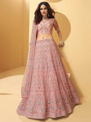 Rose Pink Hand Worked Net Bridal Wear Lehenga Choli
