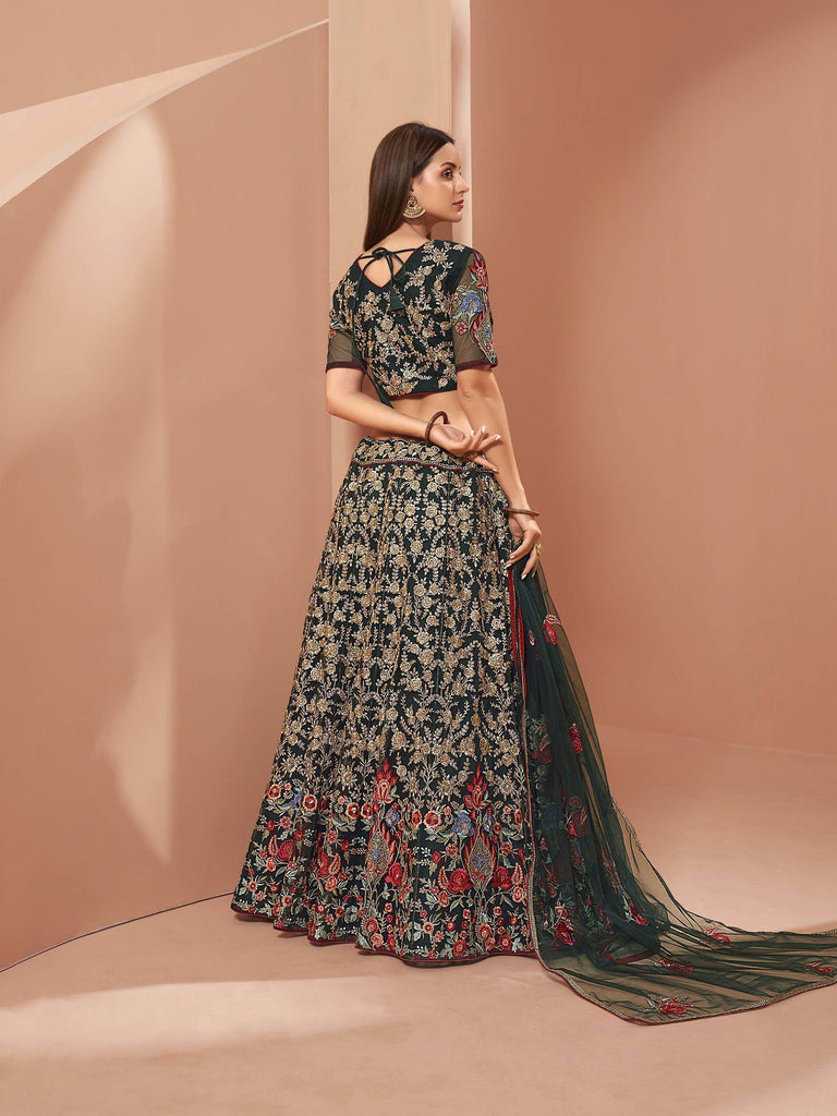 Green Floral Zari Embroidered Net Wedding Wear Lehenga Choli