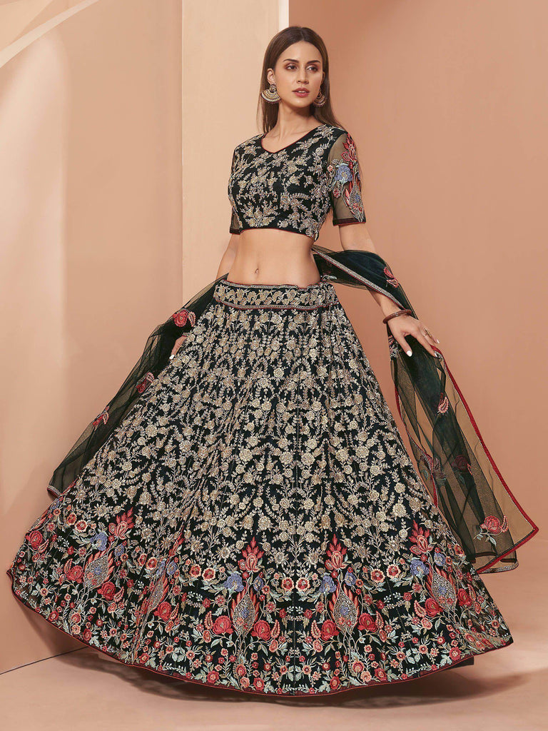 Green Floral Zari Embroidered Net Wedding Wear Lehenga Choli