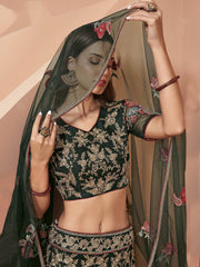 Green Floral Zari Embroidered Net Wedding Wear Lehenga Choli