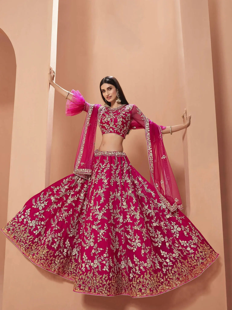 Pink Floral Zari Embroidered Net Wedding Wear Lehenga Choli