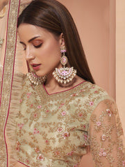 Pista Green Floral Zari Embroidered Net Wedding Wear Lehenga Choli