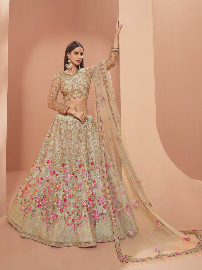 Pista Green Floral Zari Embroidered Net Wedding Wear Lehenga Choli
