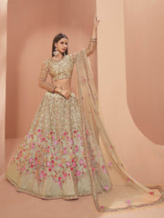 Pista Green Floral Zari Embroidered Net Wedding Wear Lehenga Choli
