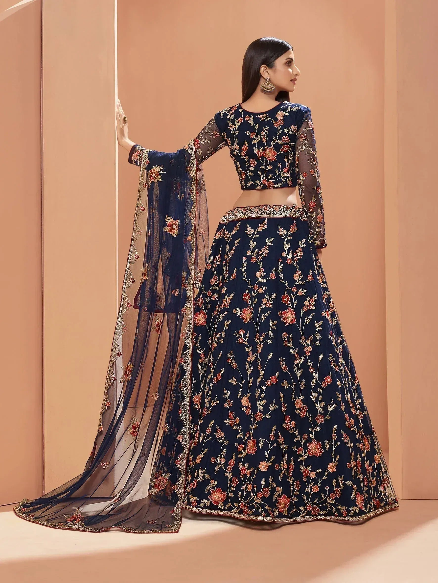 Navy blue floral embroidered lehenga choli with sheer dupatta, Indian ethnic wear for women