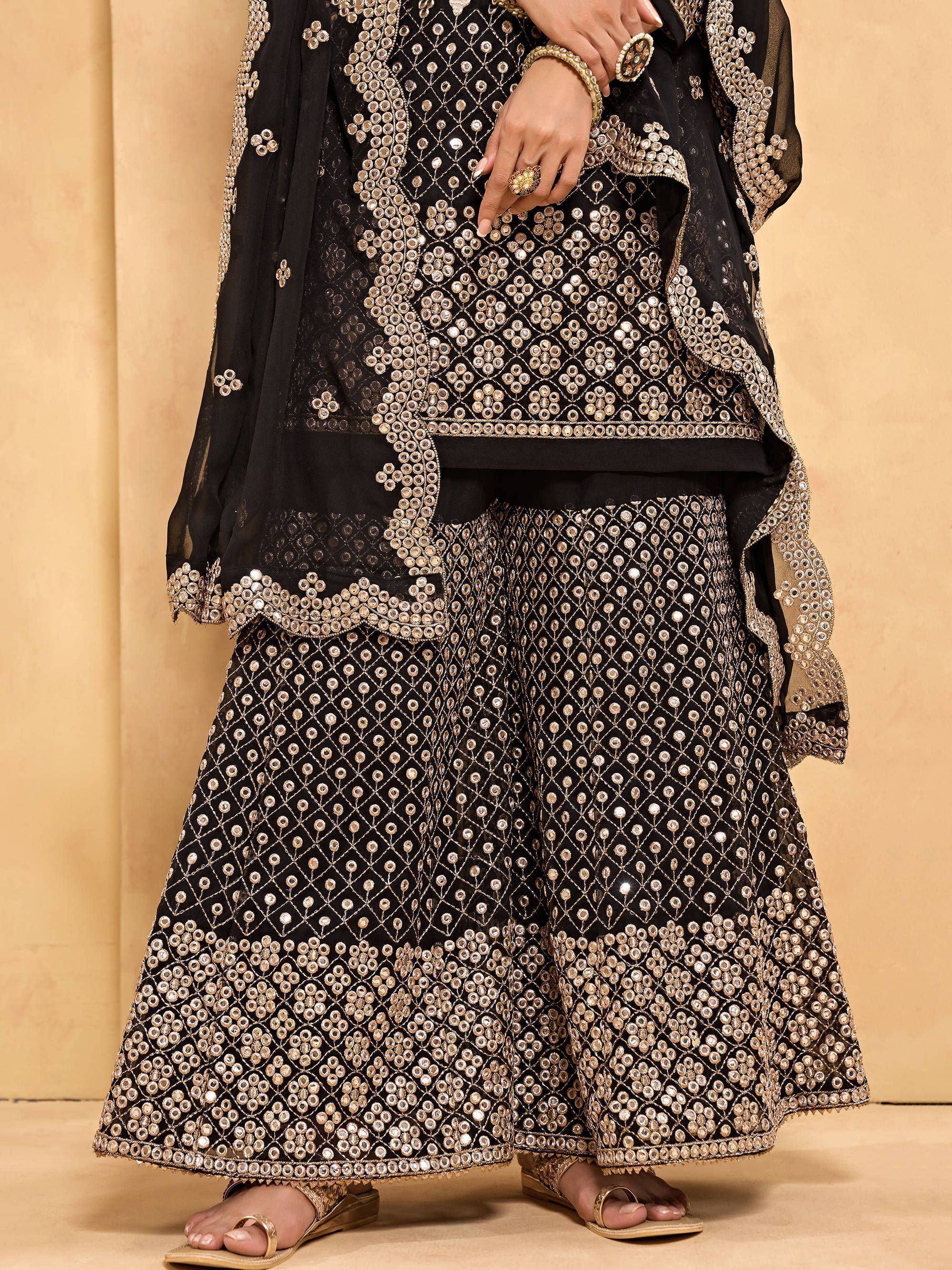 Black mirror work sharara set with gold embroidery, ethnic wear for women