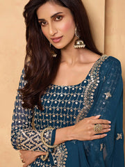Blue Zari Embroidered Georgette Festive Wear Sharara Suit