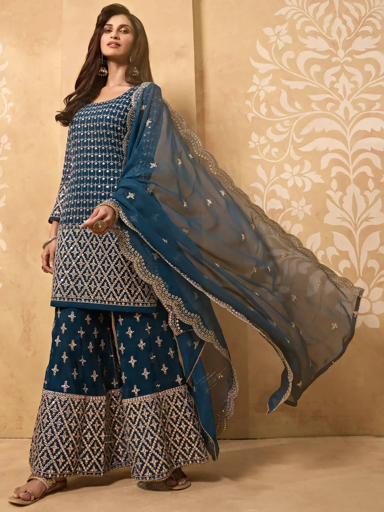 Blue Zari Embroidered Georgette Festive Wear Sharara Suit