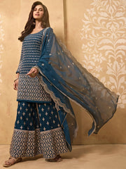 Blue Zari Embroidered Georgette Festive Wear Sharara Suit