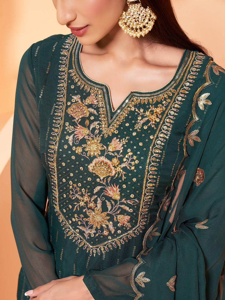 Ravishing Dark Green Sequins Work Georgette Sharara Suit