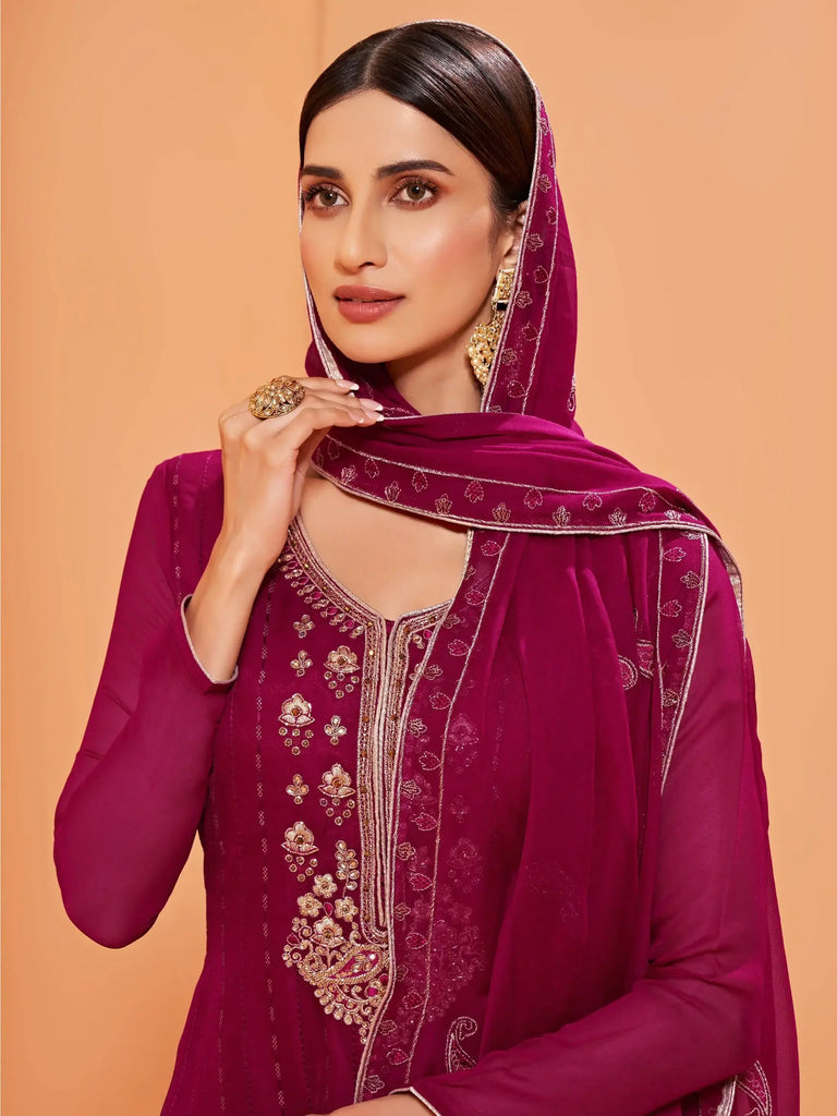 Gorgeous Magenta Sequins Work Georgette Party Wear Sharara Suit